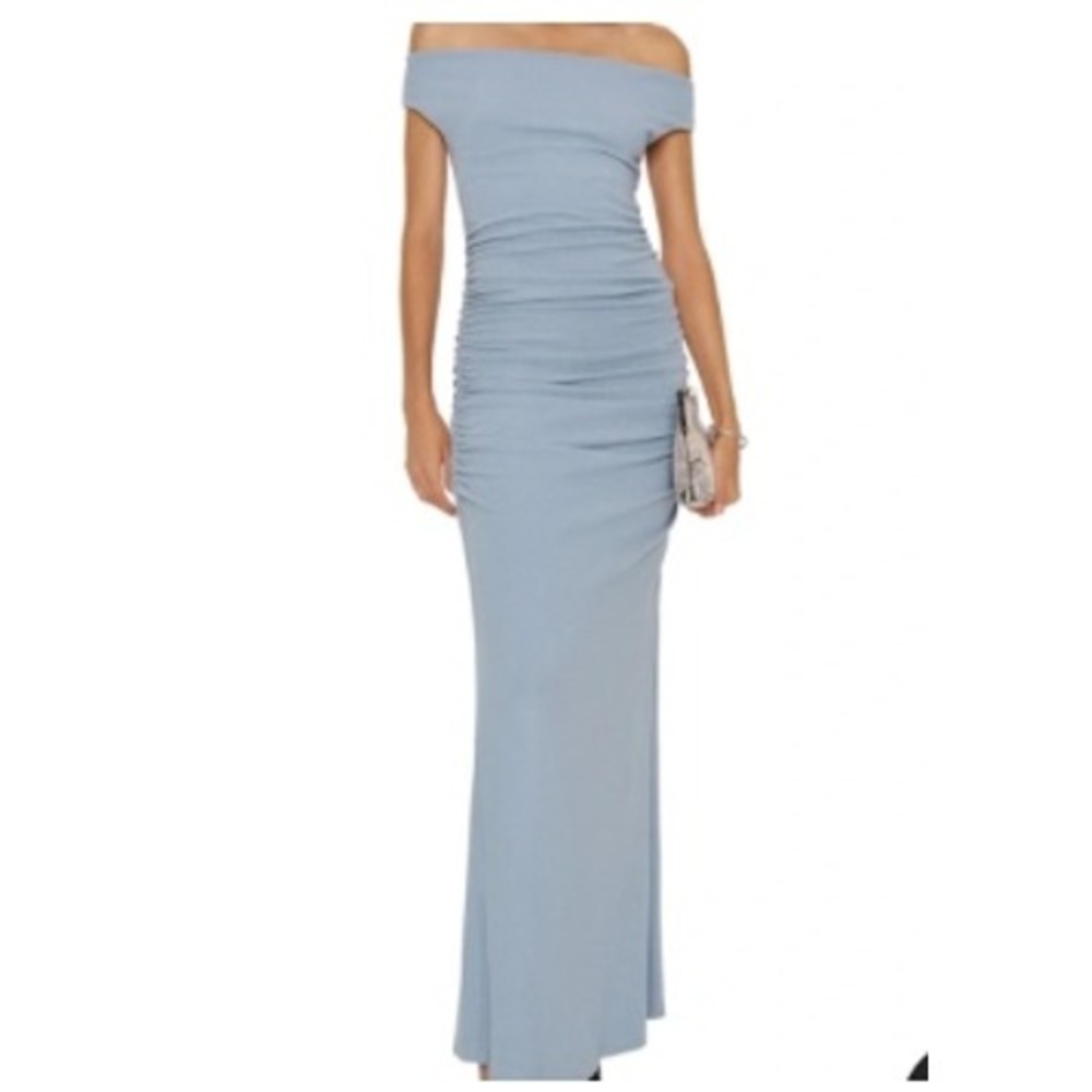 Reformation Miller Knit Dress Size XL Teardrop Blue Ruched Maxi Cowl Neck